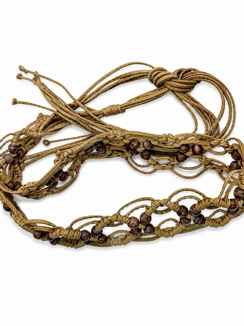 Cara NY Tortoiseshell Cord Belt + Tan Macrame Beaded Tie Belt Set